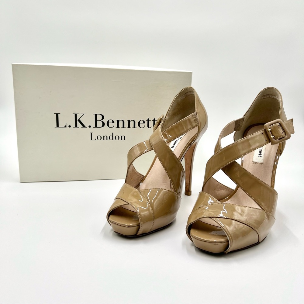 GUC LK Bennett Strappy Sandals High Heel Platform Taupe Patent Leather US 8.5